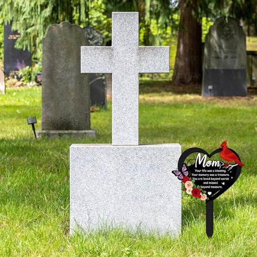 Grave Decorations for Cemetery - Memorial Mom Metal Graves Stakes | Outdoors Heart Cardinals Remembrance Plaque Black Waterproof Flower Graveside Burial Decor Sympathy Gifts for Loss of Mother - style: Mom