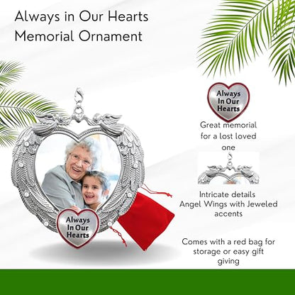Memorial Photo Ornament Always in Our Hearts, Heart-Shaped Angel Wing Remembrance Ornament with Clear Gems, Sympathy Christmas Ornament with Gift Storage Bag, Holds 2" Photo, 3.25"