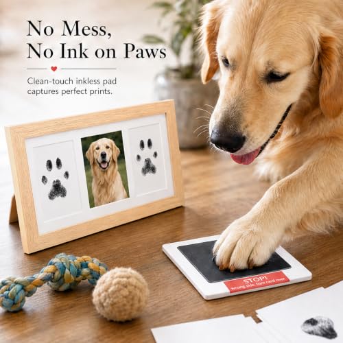Pet Memorial Photo Frame, No-Mess Paw Print Ink Pad Kit for Dog Cat, Rustic Pet Loss Sympathy Keepsake, Cherish Furry Family Member Memory（Natural Wood） - color: natural wood
