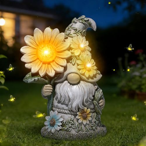 basen Solar Garden Gnome Statue with Glowing Daisy Flower, Outdoor Solar Gnome Figurine Decor for Yard Lawn Patio, Resin Garden Gnome Decoration with LED Light for Garden Landscape Ornament - color: Gnome With Daisy Flower Light-gray
