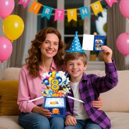 GREETING ART 8th Birthday Pop Up Card for Girl Boy,8 Year Old Birthday Card - color: 8th