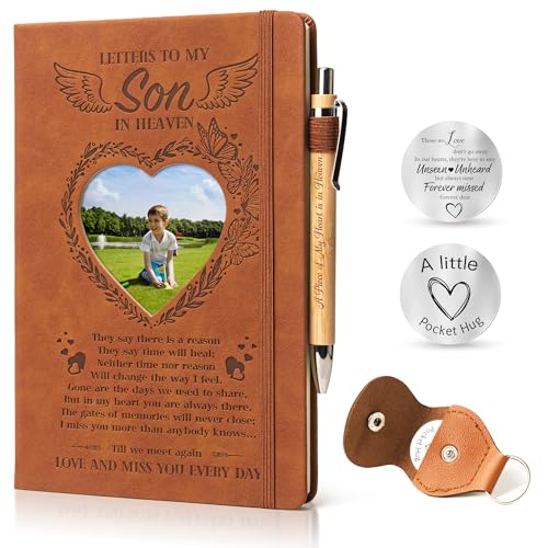 Letters to My Son in Heaven: 3 Pcs Memorial Gifts for Loss of Son Grief Gifts A5 Grief Journal Travel Diary with Heart Photo Window in Cover Remembrance Pocket Hug PU Leather Keychain& Pen - style: Son