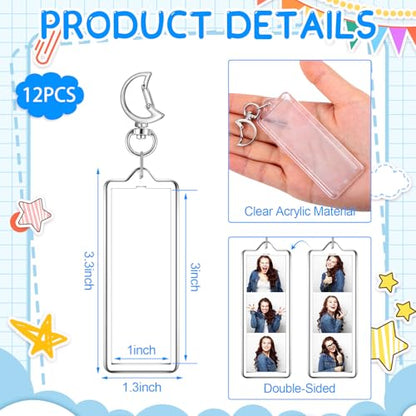 MTLEE 12 Pcs Mini Photo Strip Keychain Frame 1x3 Inch Acrylic Photo Booth Keychain Double Sided Keyring Blank DIY Custom Gift - style: Moon Clasp