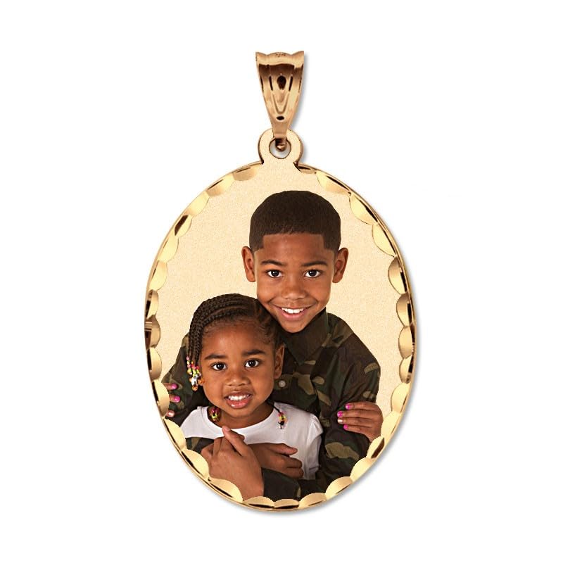 Oval w/Diamond Cut Edge Custom Photo Engraved Pendant - in Solid 14K, 10k, Yellow, White, Or Sterling Silver - color: Solid 10K Yellow Gold With Engraving, size: 1 x 1-1/4 Inch