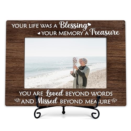 Sympathy Photo Frame Gifts, In Memory of Loved One Remembrance Frames, Your Life Was A Blessing Themed Sympathy Wooden Picture Frame With Stand, Bereavement Gifts For Loss Of Family Friends -36 - color: Your Life Was A Blessing Your Memory A Treasure