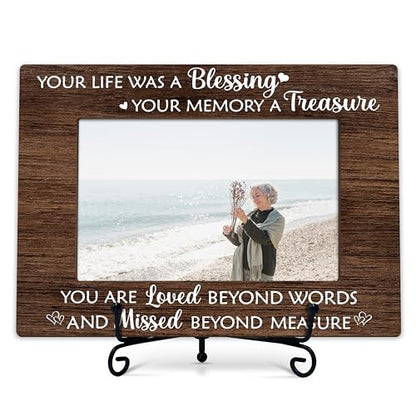 Sympathy Photo Frame Gifts, In Memory of Loved One Remembrance Frames, Your Life Was A Blessing Themed Sympathy Wooden Picture Frame With Stand, Bereavement Gifts For Loss Of Family Friends -36 - color: Your Life Was A Blessing Your Memory A Treasure