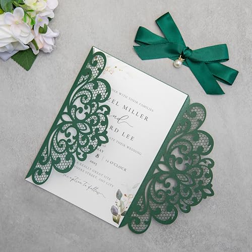 20Pcs Emerald Green Laser Cut Wedding Invitation Cards With Envelopes - color: Emerald Green
