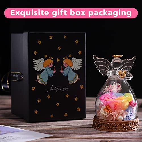 Preserved Real Rose in Glass Angel Figurine with LED Light, Angel Gifts for Women, Mom, Grandma on Mother's Day Christmas Birthday (Multicolor) - color: Multicolor