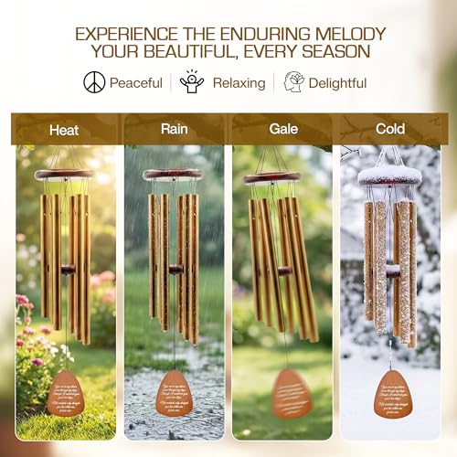 Memorial Wind Chimes for Outside, Golden Teardrop Pendant, Deep Tone 6 Aluminum Tubes & Pine Wood, Sympathy Gift for Loss of Loved One, Acrylic Heart Letter from Heaven, Keepsake Keychain - color: Gold Teardrop Design