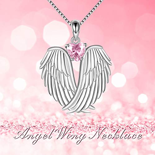 YFN Angel Wings Necklace 925 Sterling Silver Guardian Angel Wings Pendant Necklace Birthstone Necklace for Women Girls Christmas Jewelry Gifts - color: October-Pink