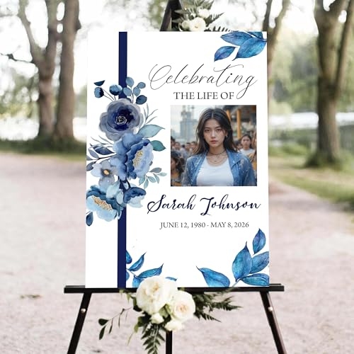 Personalized Elegant Celebration Of Life Welcome Sign, Memorial Picture Board, Celebration Of Life Decoration Yard Sign, Celebration Of Life Photo Displays, Blue Watercolor Flowers #13 - color: Version13