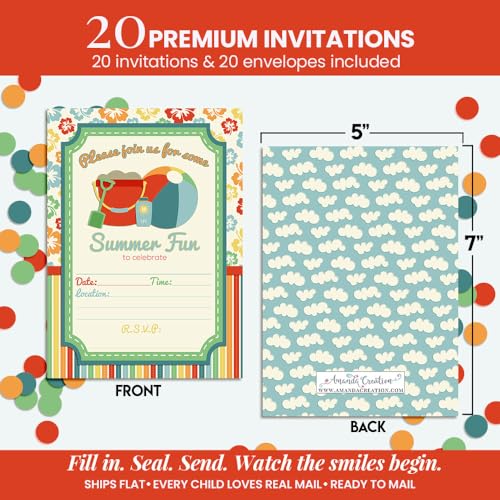 Beach Summer Fun Birthday Party Fill in Invitations set of 20 with envelopes by AmandaCreation - style: Beach Summer Fun