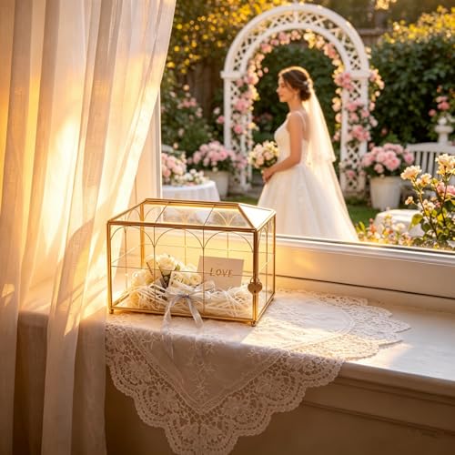 Wedding Glass Card Box with Slot, 10.2×6.1×7.9 Inch - color: Golden 10.2" x 6.1" x 7.9"