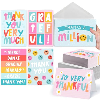 54 Bulk Thank You Cards with Envelopes Blank Cute Thank You Cards | Retro Colorful 5 x 3.5 Appreciation Card Birthdays, Baby Shower, Teacher, Small Business, Party Guests, Coworkers & Holidays - style: Retro Colorful 54 pcs