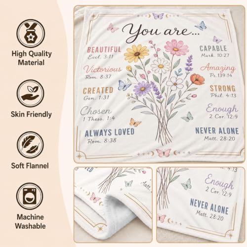 Christian Inspirational Blanket, 50×60in Soft Faith Flannel Blanket | "You Are..." with Floral Bible Verse Design Encouraging Message, Gift for Women, Mom, Daughter, Birthday & Christmas - color: Christian Blanket-02