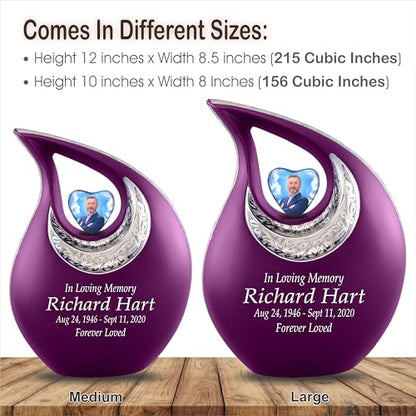 Personalized Photo & Text Purple Teardrop Cremation Urns for Adult Ashes Male Female - 156 Lbs Burial Urns for Human Ashes - Handcrafted Funeral Decorative Urn for Adult with Velvet Bag - size: 156 Lbs Adult Urn