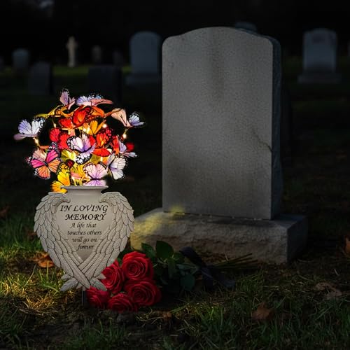 Solar Angel Wing Memorial Stake - Metal Silhouette Grave Decorations for Cemetery - Flat Outdoor Sympathy Gift with Butterfly Lights & Flowers - Bereavement Decor for Loss of Mom Dad（with Flowers)) - style: Angel Wings with Flowers