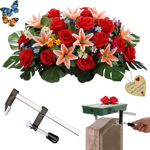 Headstone Flower Saddle,Artificial Grave Memorial Flowers,Cemetery Decor | Gravestone Saddles, Tombstone Flowers Saddle, Mother's Day, Memorial Day, Christmas, Gravesite Saddles, Never Be Blown Away - color: Red