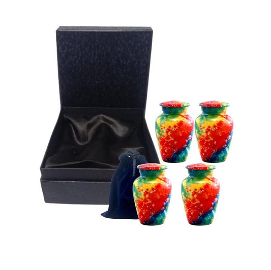 Tie Dye Keepsake Urns Set of 4– Small Cremation Urns for Human Ashes – Durable Metal Mini Urns with Color Burst Finish – Each Holds 200 Cubic Inches – Velvet Case and Protective Bag Included - size: Keepsake (Set of 4)