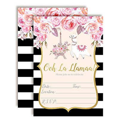 Ooh La Llama Watercolor Floral Llama in Paris Birthday Party Invitations, 20 5x7 Fill In Cards with Twenty White Envelopes by AmandaCreation - style: Watercolor Floral Llama in Paris