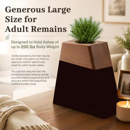 Plant Urn for Adult Memorial Keepsake, Solid Wood, Large Capacity, with Ceramic Pot, Bamboo Saucer, and Muslin Bag