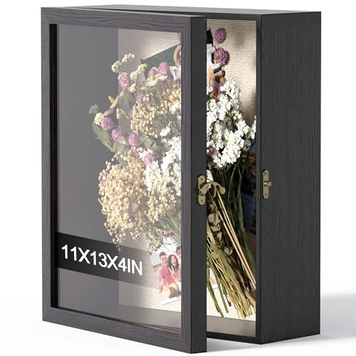 11x13 Shadow Box Frame with Acrylic Glass, Deep Large Shadow Boxes Display Cases for Tabletop and Wall Display, Memory Box for Keepsakes, Shadow Box for Flowers, Black with Linen Back - size: 11x13 in