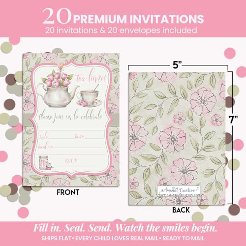 Watercolor Tea Party Theme Girls Birthday Party 20 Invitations 5x7 Fill-In Cards with Envelopes, Princess Theme Elegant Floral Design for Child Celebration, Made in USA by Amanda Creation - style: Watercolor Tea Party