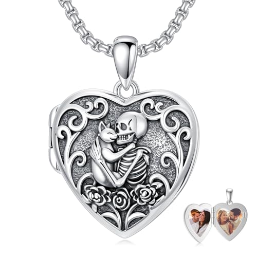 Personalized Heart Locket Necklace That Holds Pictures 925 Sterling Silver Custom Photo Lockets Necklaces Jewelry Gifts for Family Women Lover - color: Cat and Skull, style: Locket Only
