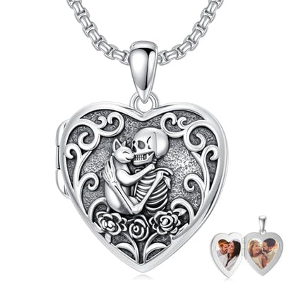 Personalized Heart Locket Necklace That Holds Pictures 925 Sterling Silver Custom Photo Lockets Necklaces Jewelry Gifts for Family Women Lover - color: Cat and Skull, style: Locket Only