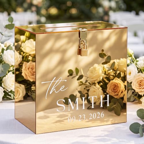 Novabright 10 Inches Wedding Acrylic Card Box with Slot Lock and Last Name Transfers Money Box for Bridal Shower Wedding, Baby Shower Birthday Party, No Assembly Needed(Gold,Classic Style) - color: Gold, style: Classic Style