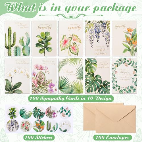100 Sets Bulk Sympathy Cards with Envelope and Sticker, Greenery | Bulk Condolences Cards for Business, Assorted Bereavement Greeting Cards, Express Your Condolences - style: Greenery