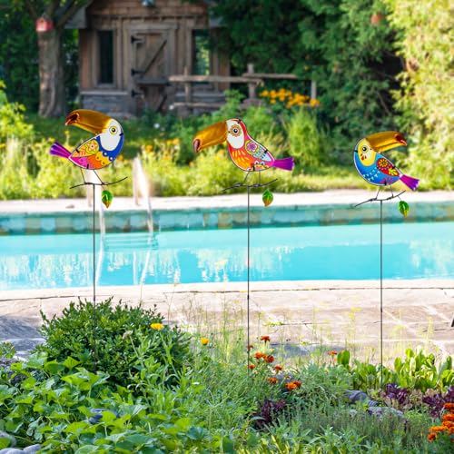Set of 3 Toucan Stained Glass Decorative Garden Stakes - color: Toucan