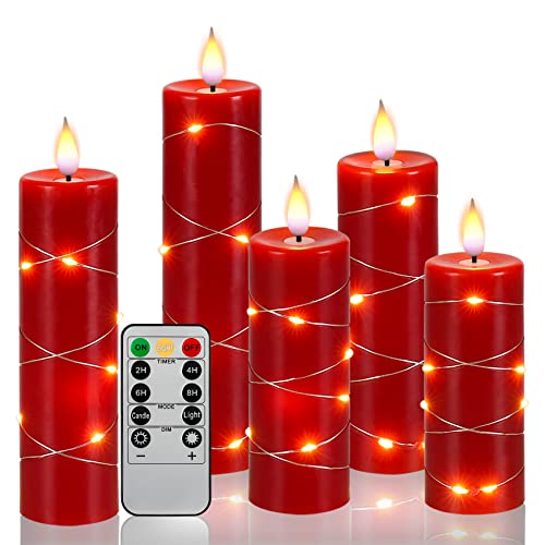 Red Flameless Candle with Remote Control LED Candle with String Lights Battery Powered Flameless Candle4'' 5'' 6'' 7'' 8'' Candles of 5 Pcs - size: Red - 5 Pack