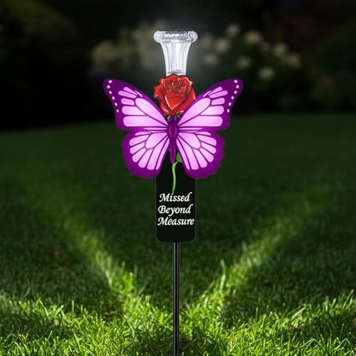 Solar Purple Butterfly Memorial Stake - Missed Beyond Measure Engraved Metal Grave Decorations, Sympathy Gifts for Loss of Sister Daughter Mom (Butterfly) - style: Butterfly