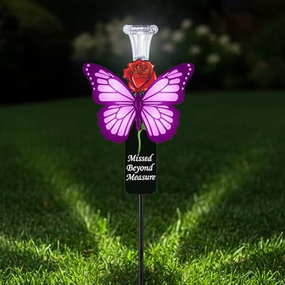 Solar Purple Butterfly Memorial Stake - Missed Beyond Measure Engraved Metal Grave Decorations, Sympathy Gifts for Loss of Sister Daughter Mom (Butterfly) - style: Butterfly