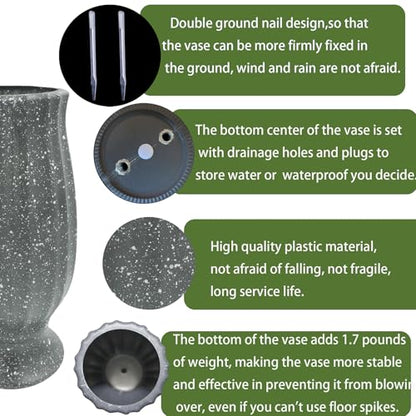 Cemetery Vase, Plastic, Grave Decorations, Flower Holders with Metal Spikes&Drain Stopper, Gray - color: Gray