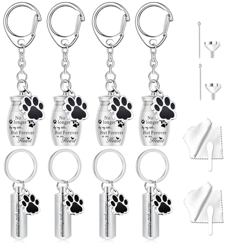 8Pcs Pet Ashes Keepsake Keychain for Dog Pet Ashes Urn Keychain Memorial Cylinder Cat Cremation Jewelry Paw Print Urn Necklace for Ashes (Silver) - color: Silver