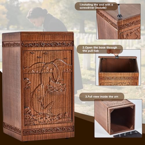 Lotoo Wooden Urn for Ashes Adult Male Female, Hand-Carved Fishing Pattern Cremation Urns for Human Ashes, Decorative Funeral Memorial Urns Box for Men Women, Holds 250 Cubic Inches