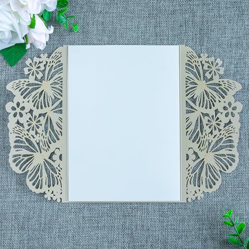 20 PCS Butterfly Quinceanera Invitation, Laser Cut Invitation Cards | 5.12x7.2" Champage Butterfly Quinceanera Invitation with Envelopes for XV Anos Bridal Shower Baby Shower Invite - color: Shinny Champagne