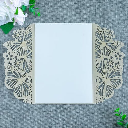 20 PCS Butterfly Quinceanera Invitation, Laser Cut Invitation Cards | 5.12x7.2" Champage Butterfly Quinceanera Invitation with Envelopes for XV Anos Bridal Shower Baby Shower Invite - color: Shinny Champagne