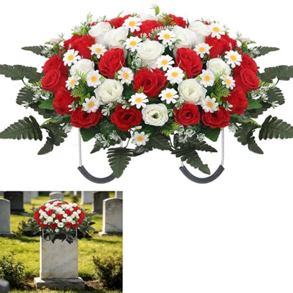Wocst Headstone Flower Saddle,Large Artificial Cemetery Flowers for Grave Artificial Roses Daisy Saddle for Cemetery Headstone (Red) - color: Red