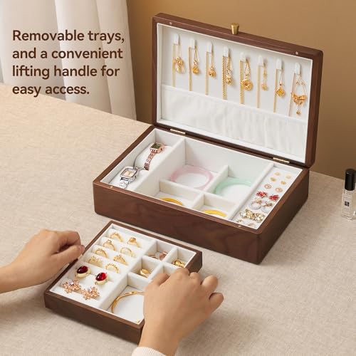 Black Walnut Wooden Jewelry Box, 2 Layer Large Necklace Organizer for Women - color: 2 Layer Large