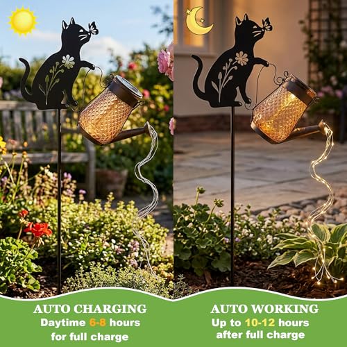 Solar Watering Can Light Cat Stake 36in Garden Waterfall LED Outdoor Art - color: Cat Watering Can