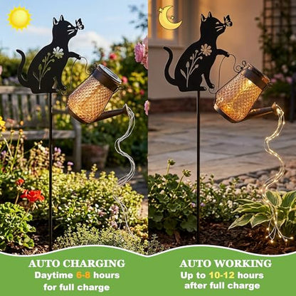 Solar Watering Can Light Cat Stake 36in Garden Waterfall LED Outdoor Art - color: Cat Watering Can