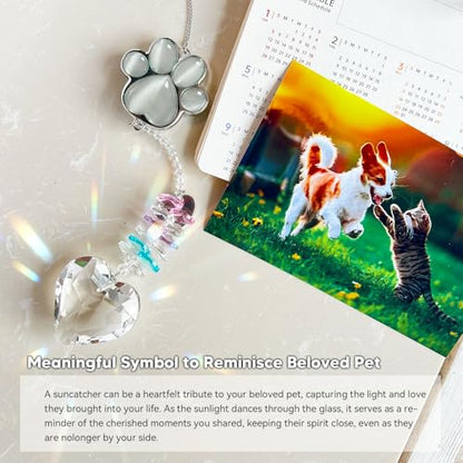 Dog Memorial Gifts, Pet Memorial Suncatcher, Loss of Dog Sympathy Gift | Thoughtful Dogs and Cats Bereavement Remembrance Gifts, Natural Cat's Eye Stone Paw Crystal Suncatcher - color: Silver Gray
