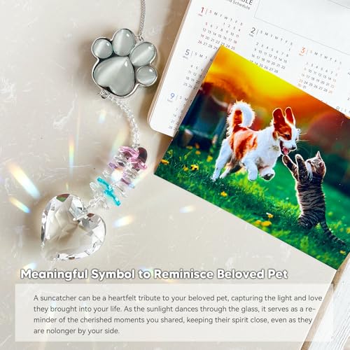 Dog Memorial Gifts, Pet Memorial Suncatcher, Loss of Dog Sympathy Gift | Thoughtful Dogs and Cats Bereavement Remembrance Gifts, Natural Cat's Eye Stone Paw Crystal Suncatcher - color: Silver Gray