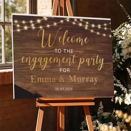 Personalized Rustic Wood Engagement Party Welcome Sign | Personalized Couple Names & Date | String Lights Design | Durable Waterproof PVC Board for Outdoor Indoor Events - color: Design 22