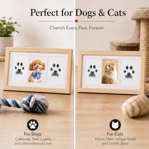 Pet Memorial Photo Frame, No-Mess Paw Print Ink Pad Kit for Dog Cat, Rustic Pet Loss Sympathy Keepsake, Cherish Furry Family Member Memory（Natural Wood） - color: natural wood