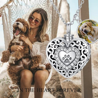 Filigree Dog Paw Urn Locket Necklace 925 Sterling Silver Print Pet Urn Necklace for Ashes Engraved Personalized Cremation Jewelry Pictures Keepsake Memorial Gifts for Women Men - style: A Custom Engraved