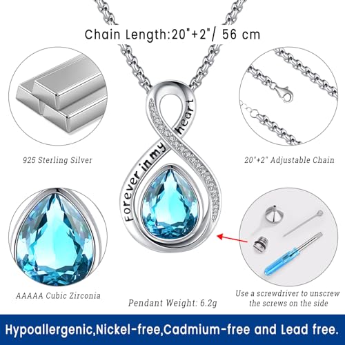 Eusense Cremation Jewelry for Ashes Urn Necklace to Put Ashes In 925 Sterling Silver Memorial Pendant Tree of Life Infinity Urn Necklaces for Ashes Necklace for Women Men - style: F-Infinity Urn-03-Mar.-Aquamarine